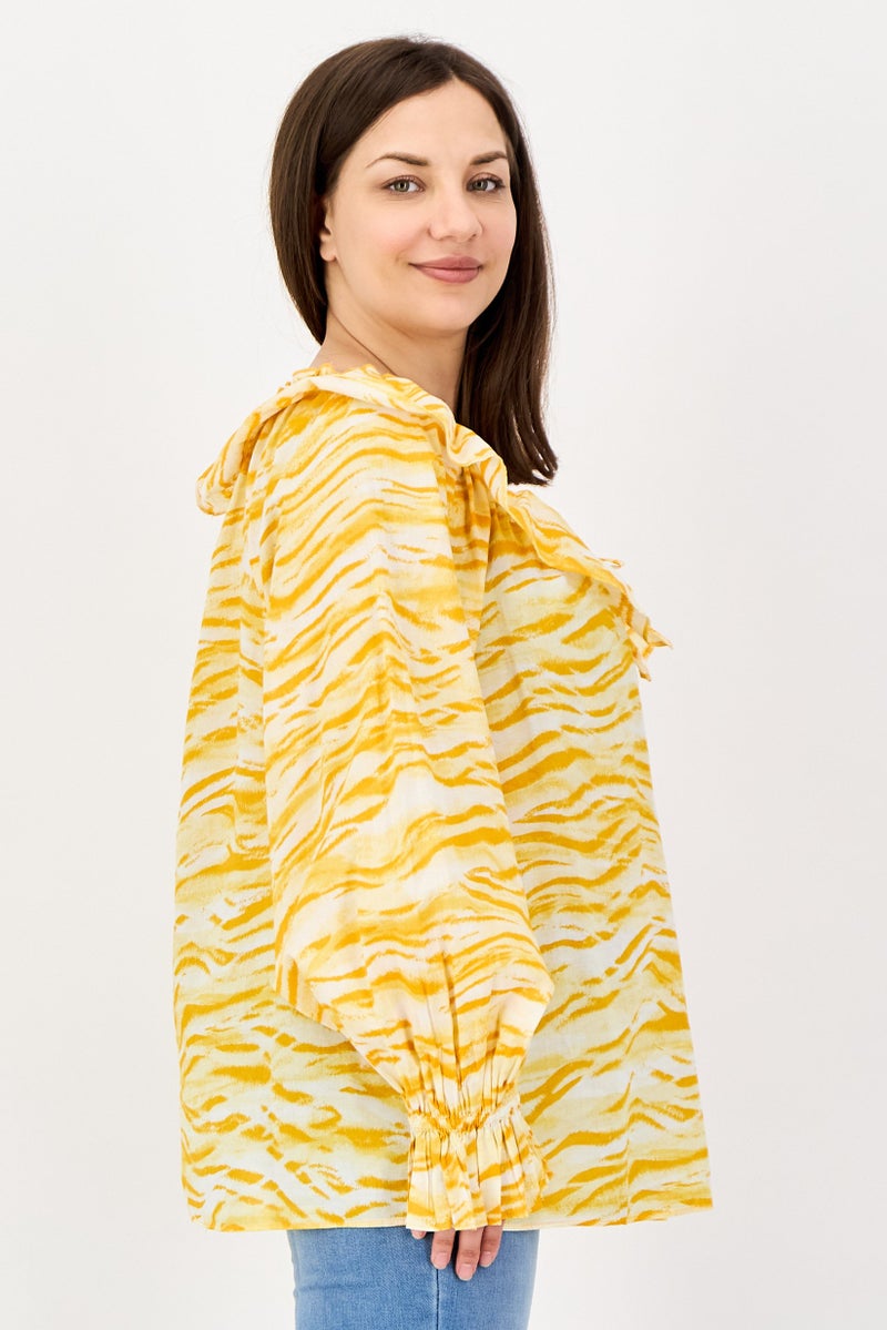INC Women Ruffle Neck Long Sleeve Animal Print Blouse, Yellow - Image 2